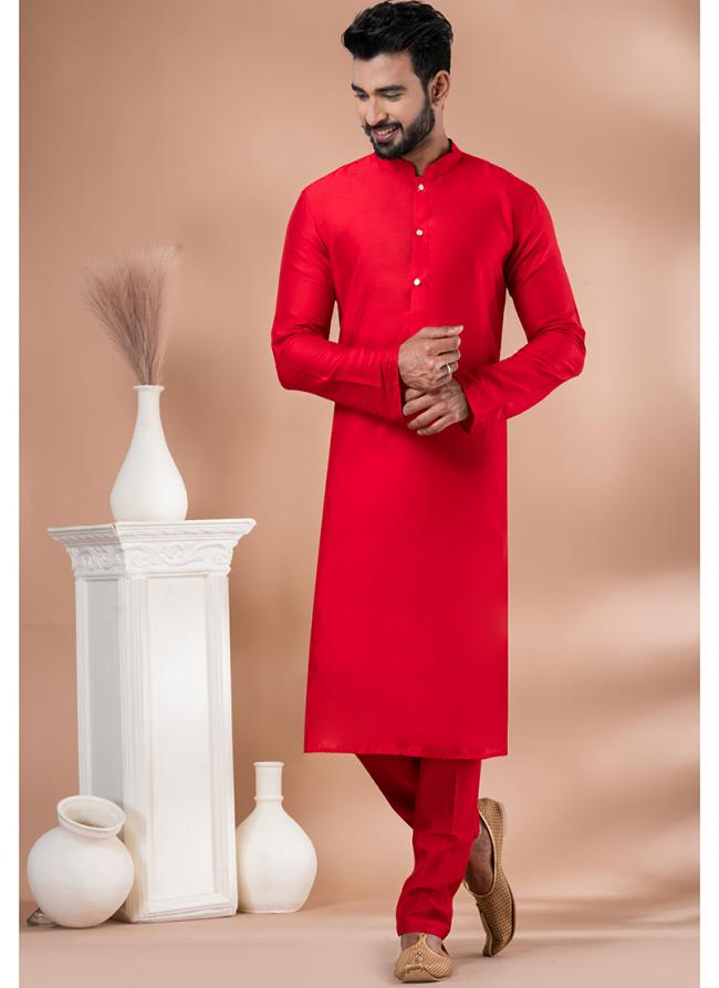 Viscose Red Traditional Wear Plain Kurta Pajama